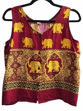 Maroon Boho Elephant Button-Down Vest Top Y2K